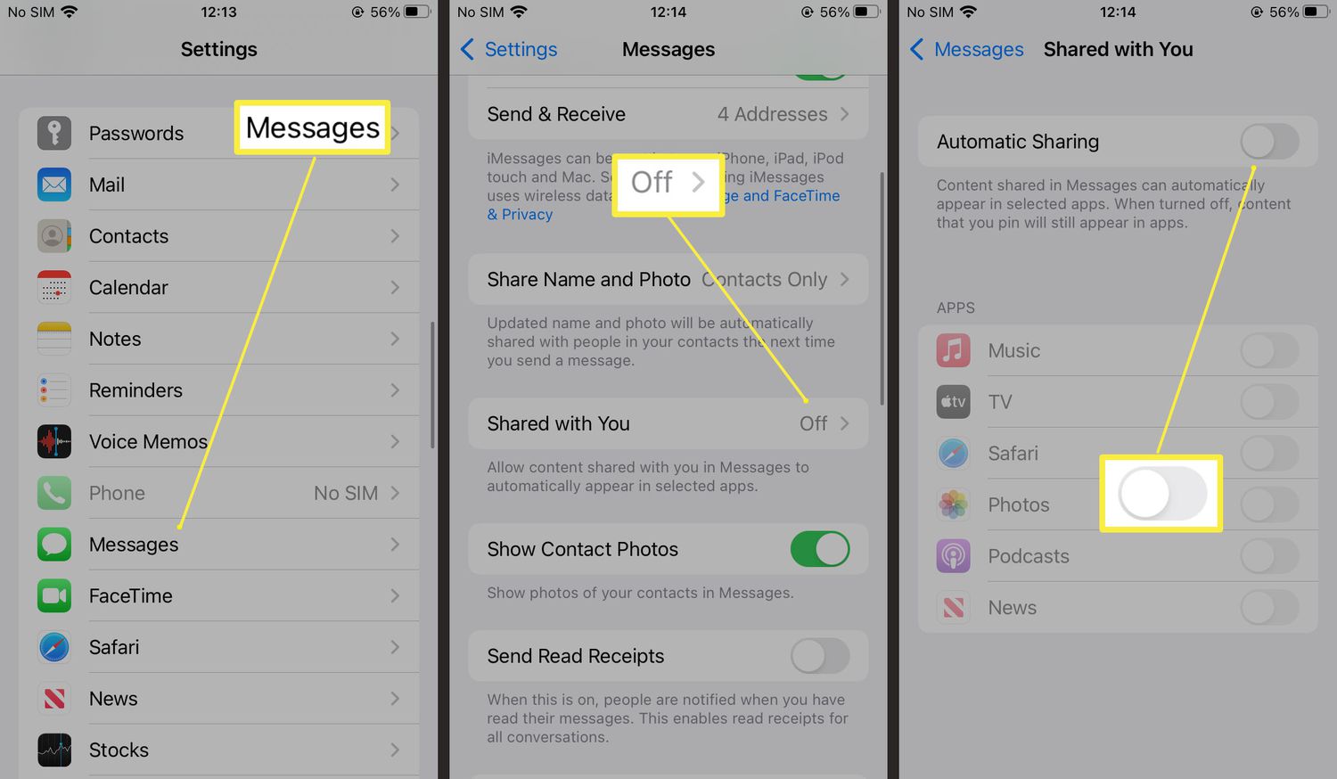 Kroky potřebné k povolení automatického sdílení ve Zprávách na iOS 15