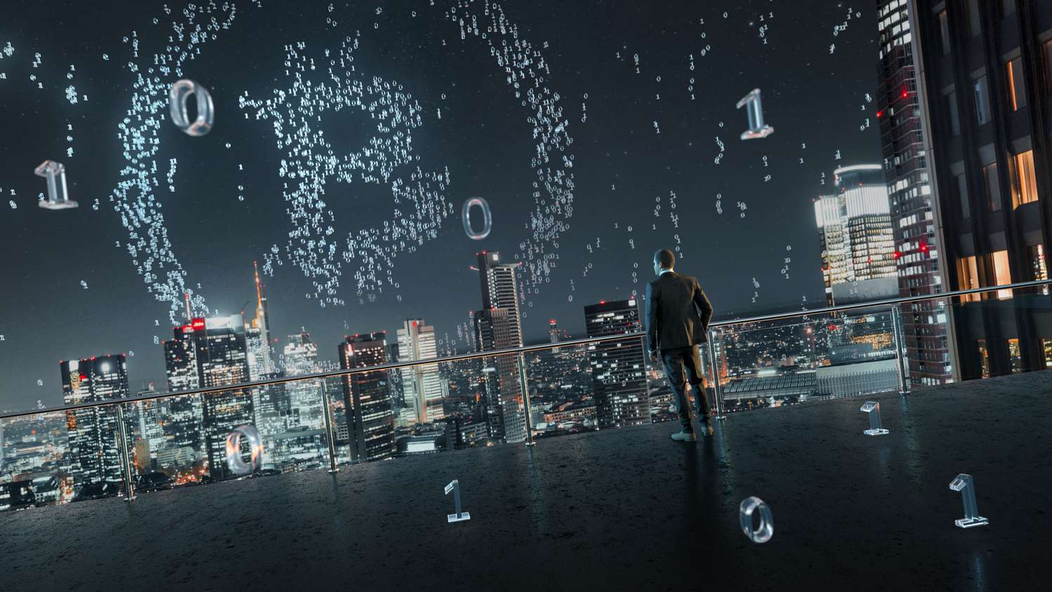 osoba stojící na střeše při pohledu na bitcoinový znak postavený z binárního kódu