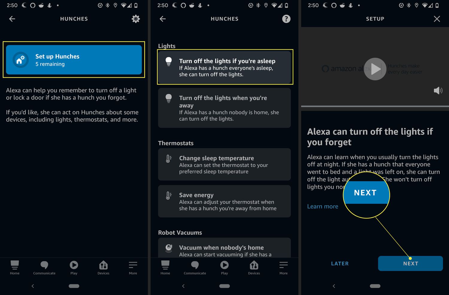 Aplikace Alexa se zvýrazněnými položkami Set Up Hunches, Turn Off Lights a Next