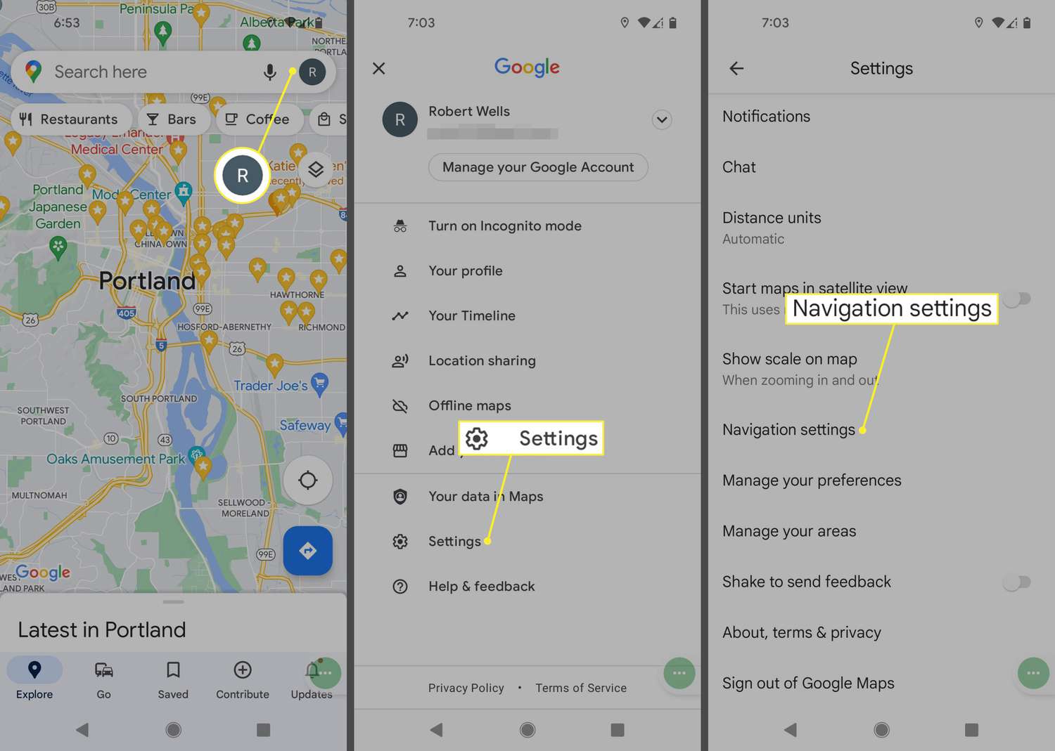 Ikona profilu, Nastavení a Nastavení navigace v aplikaci Mapy Google