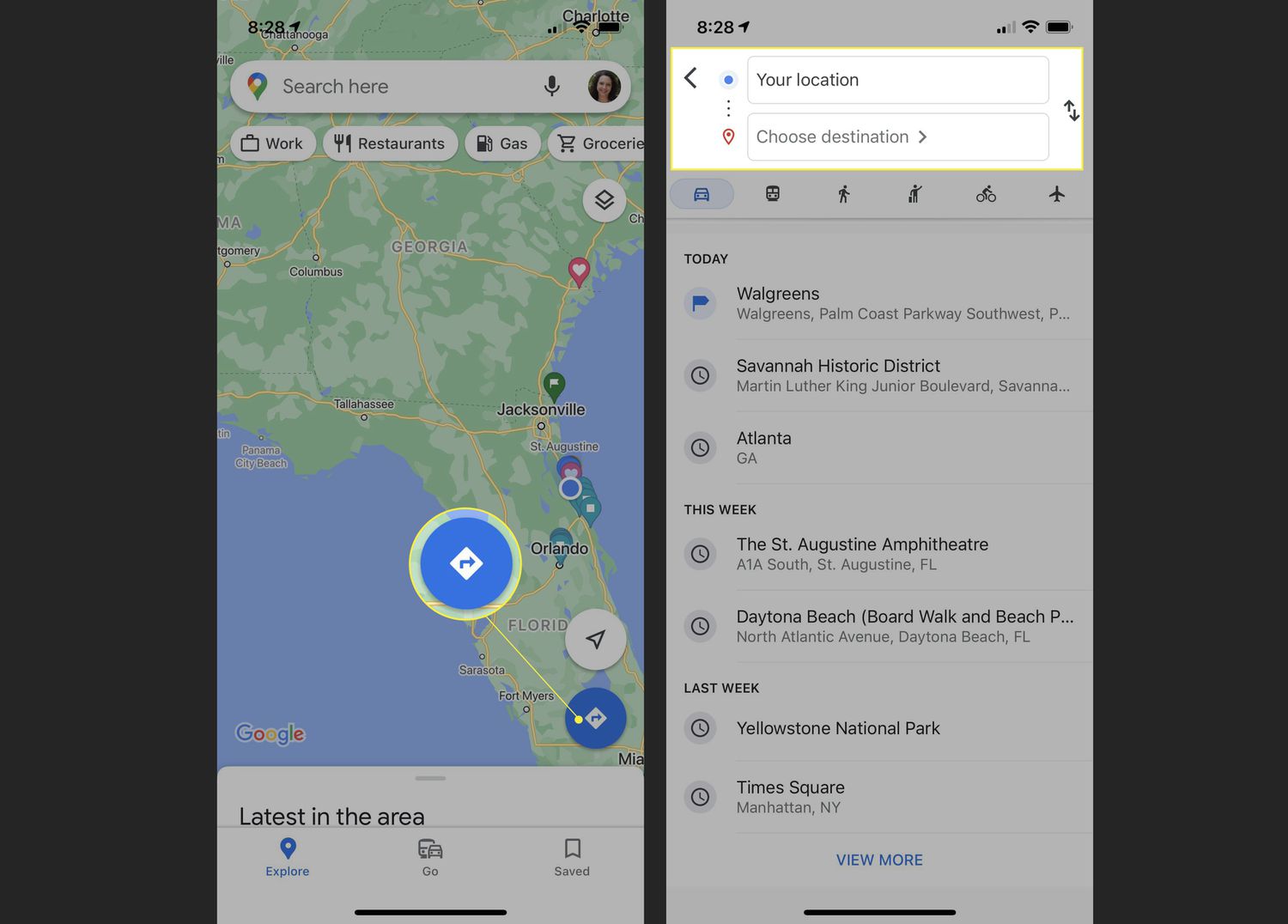 Mobilní aplikace Mapy Google se zvýrazněnou ikonou Trasy a polem s pokyny