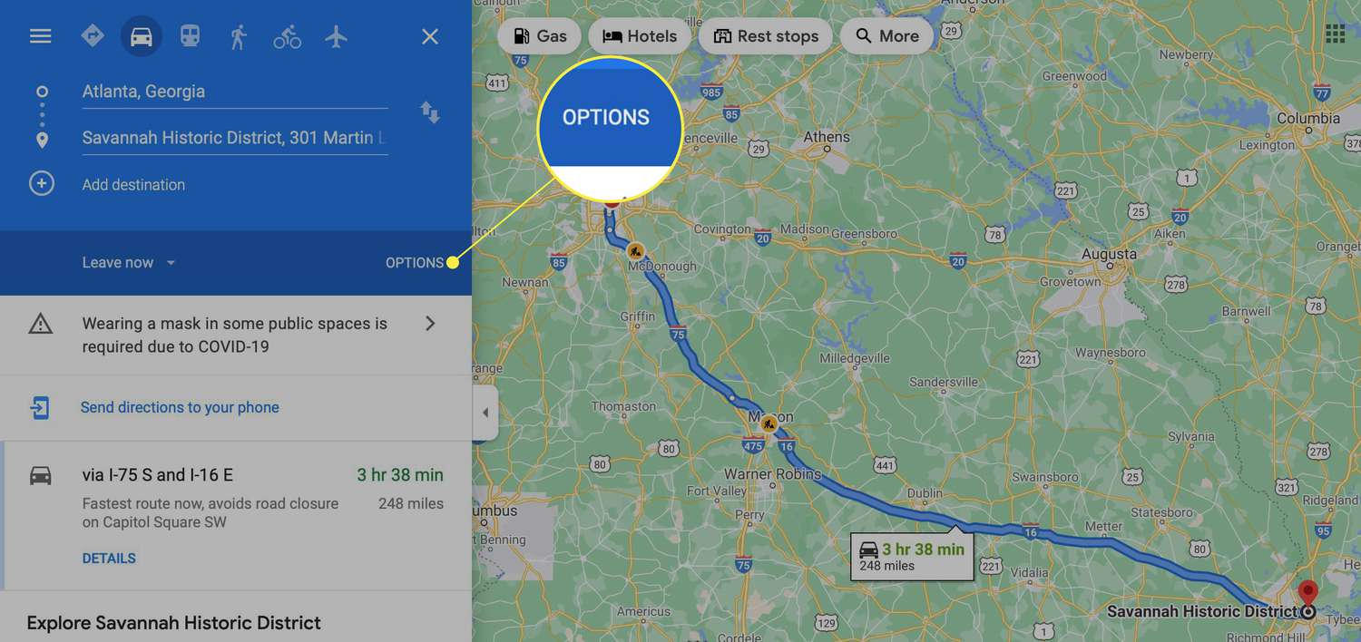 Cílové pole Map Google se zvýrazněnými možnostmi