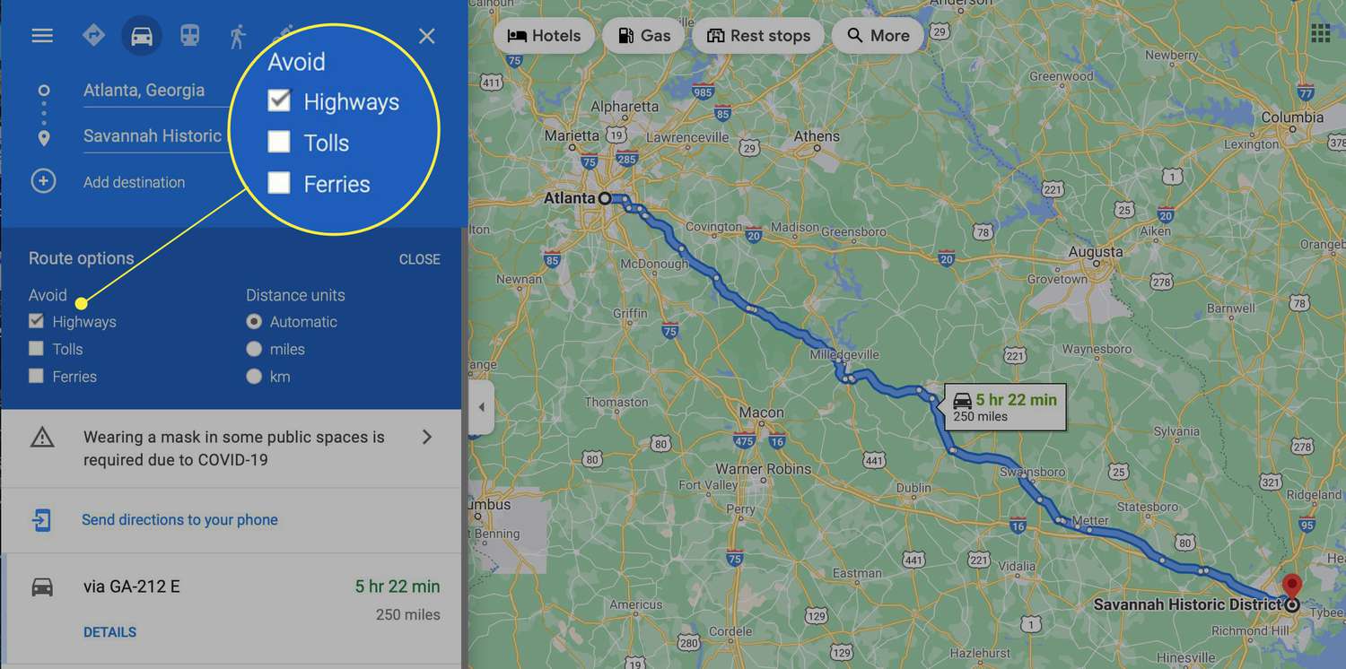 Možnosti Map Google se zvýrazněnou možností Vyhnout se dálnicím