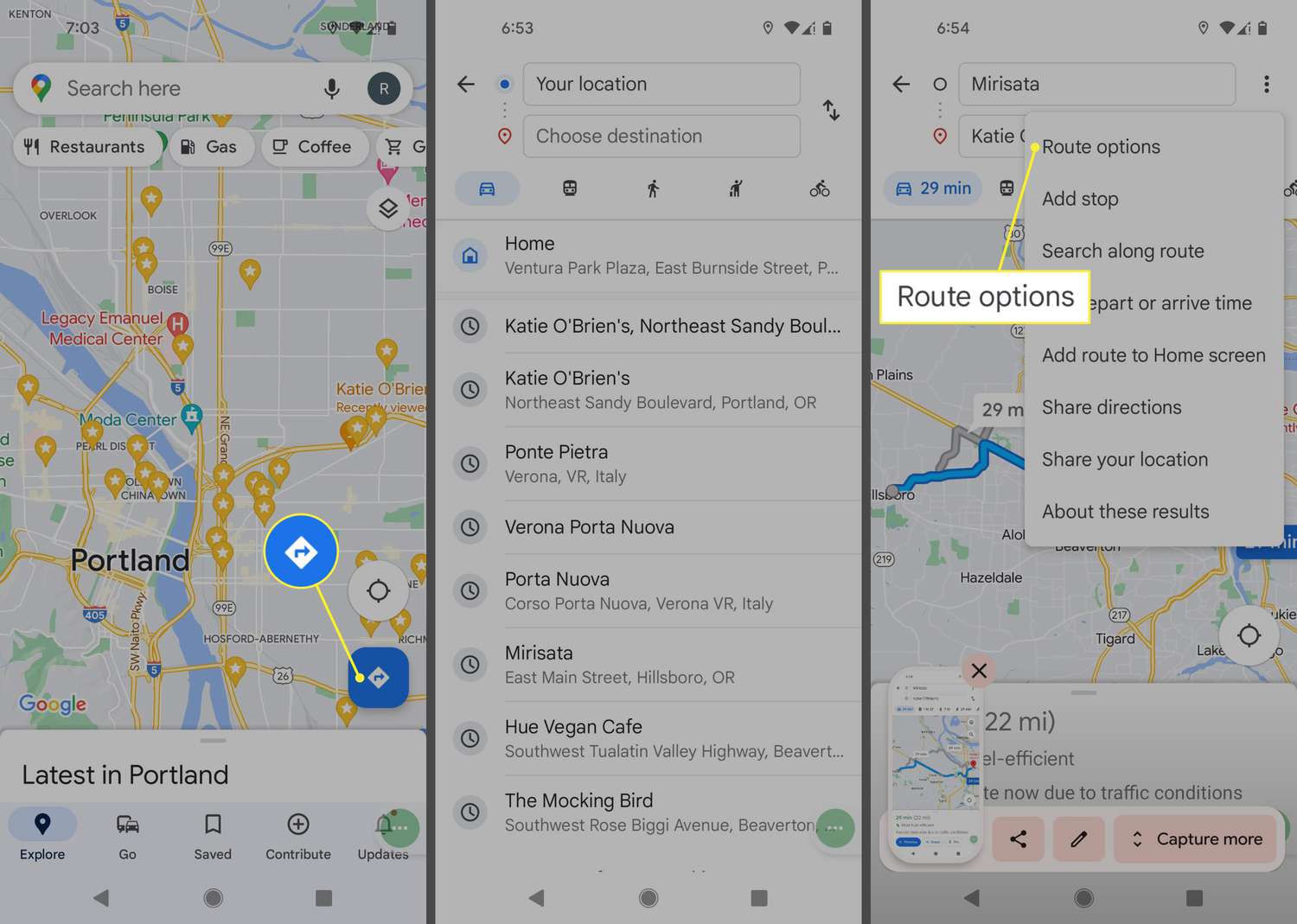 Ikona trasy a možnosti trasy v aplikaci Mapy Google