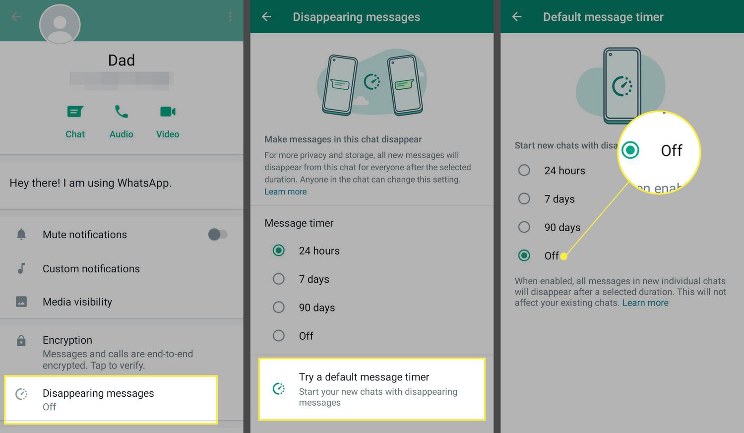 V aplikaci WhatsApp jsou zvýrazněny mizející zprávy a Vypnuto