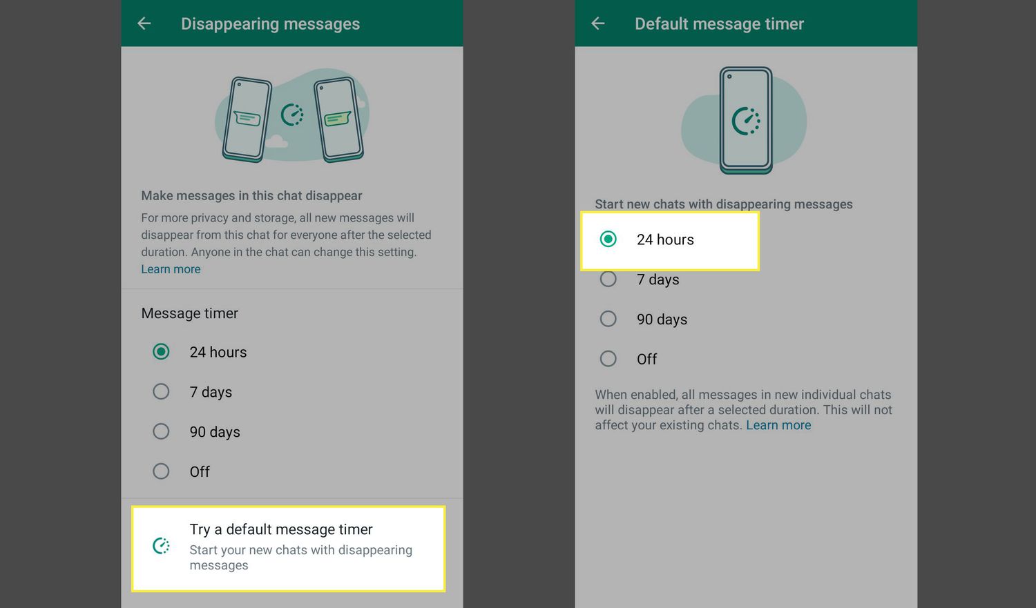 Vyzkoušejte výchozí časovač zpráv a zvýrazněné 24 hodin v nastavení WhatsApp mizejících zpráv
