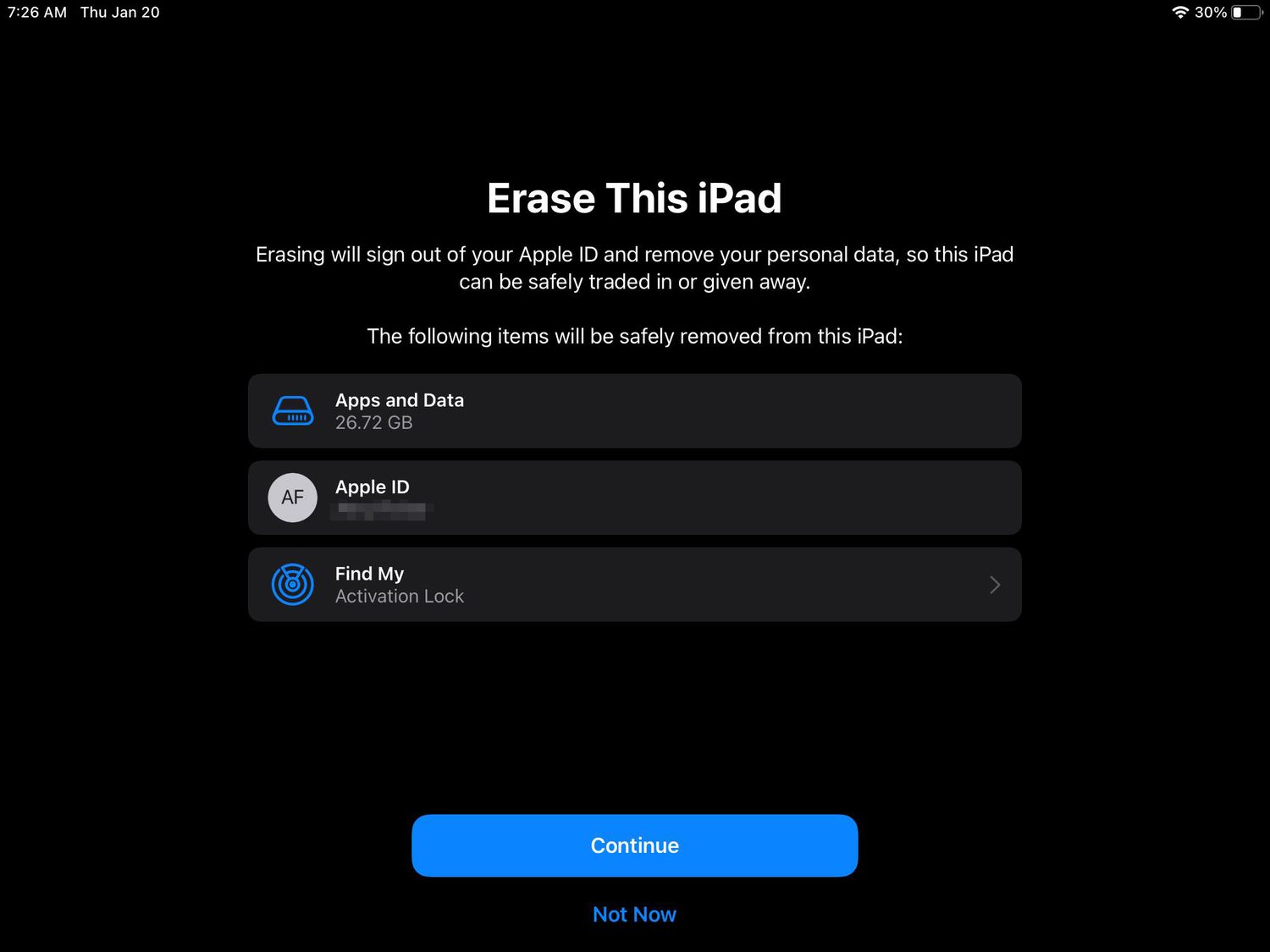 Možnosti Vymazat tento iPad