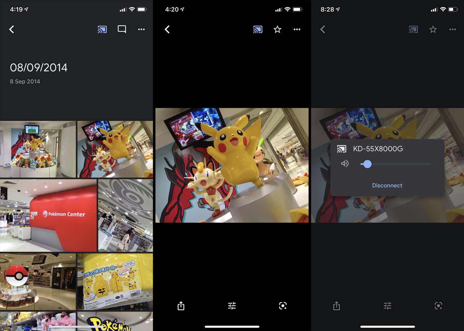 Aplikace Fotky Google se zobrazenou možností odpojení Chromecastu.