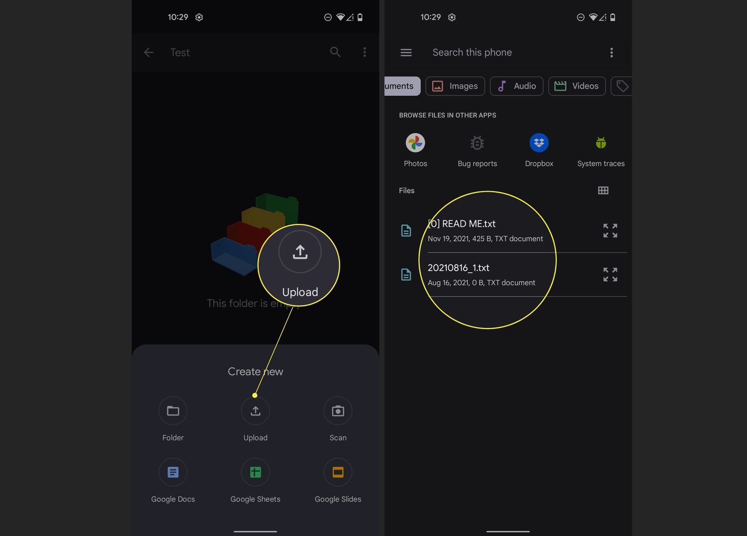 Aplikace Disk Google pro Android se zvýrazněnými položkami Nahrát a soubory