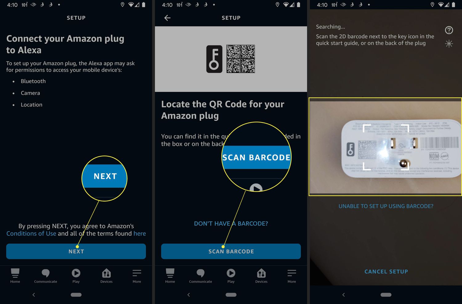 Aplikace Alexa se zvýrazněnými položkami Další, Skenovat čárový kód a Skenovat čárový kód Amazon Smart Plug