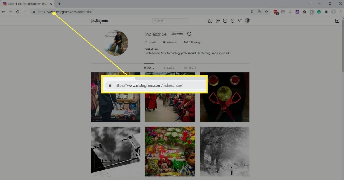 Stránka profilu Instagram s odkazem na profil v adresním řádku prohlížeče