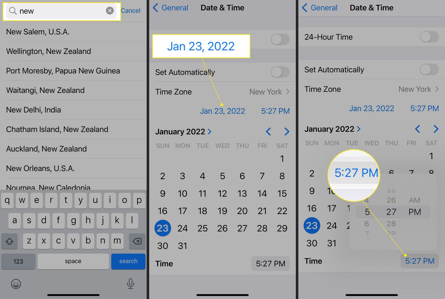 Nastavení iPhone Date & Time se zvýrazněnou funkcí vyhledávání, datem a časem
