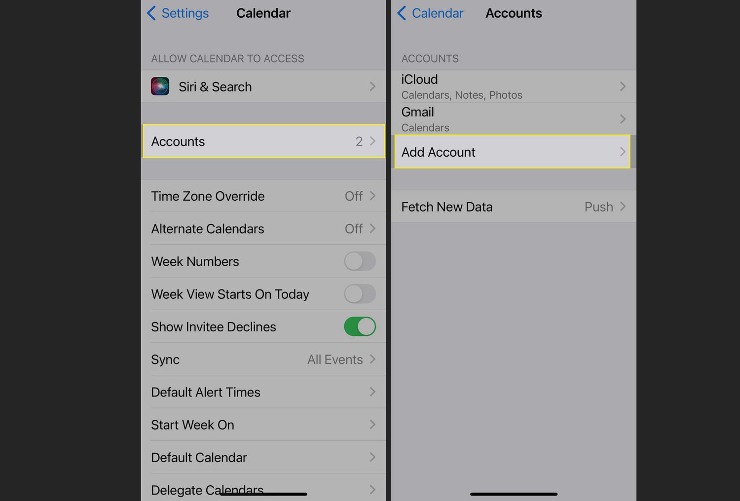 Nastavení kalendáře iPhone se zvýrazněnými Účty a Přidat účet