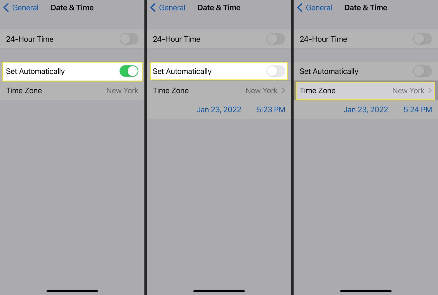 Nastavení data a času pro iPhone se zvýrazněnými položkami Nastavit automaticky a Časové pásmo