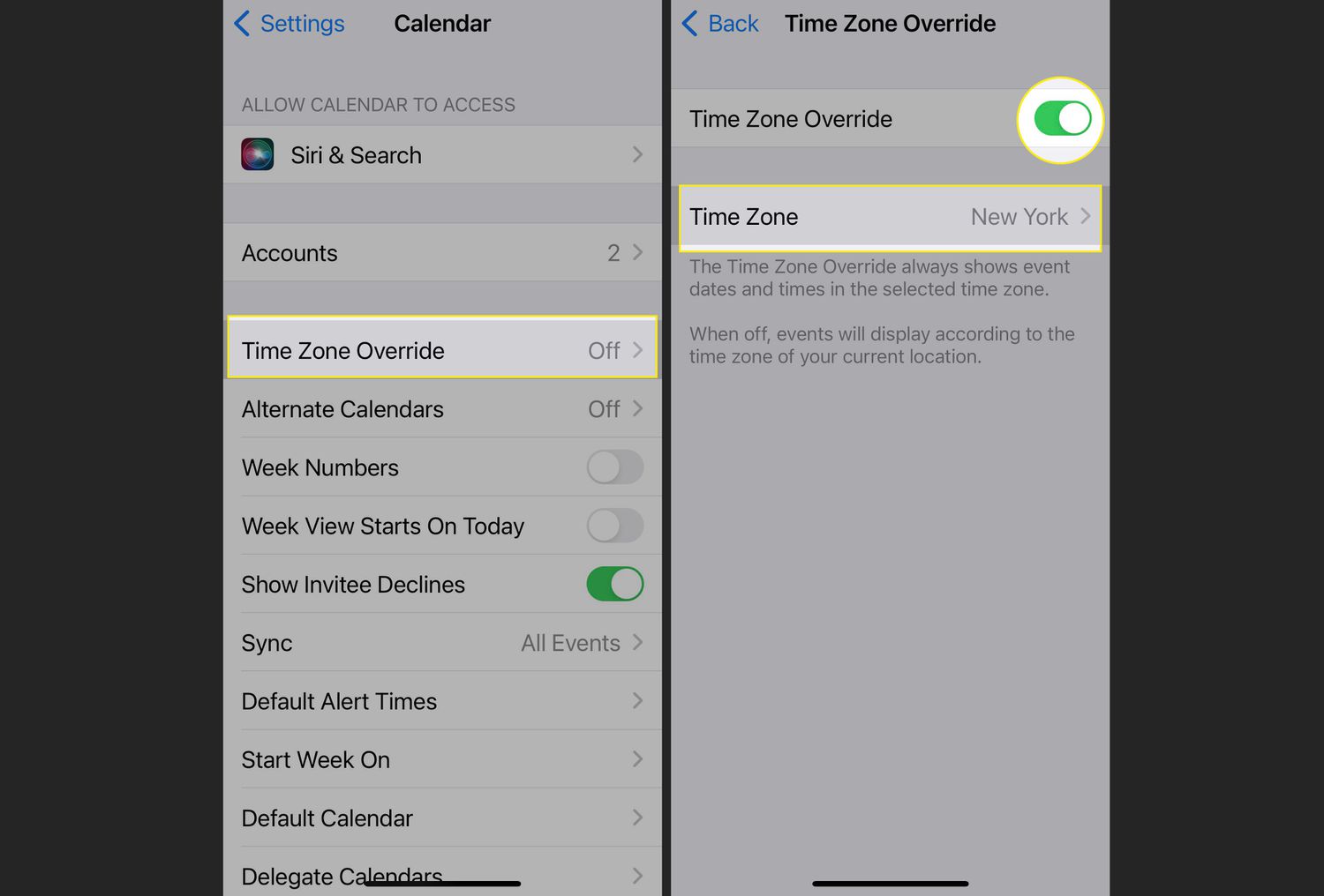 Nastavení kalendáře iPhone se zvýrazněnou funkcí Time Zone Override, přepínačem a Time Zone