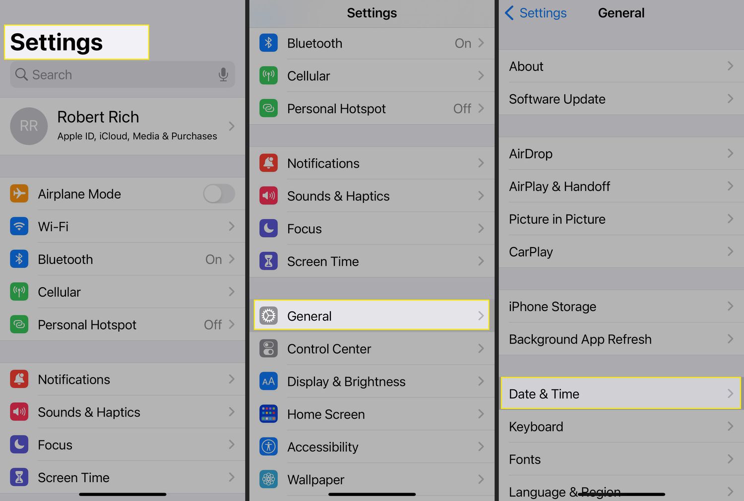 Nastavení iPhone se zvýrazněnými položkami Obecné a Datum a čas