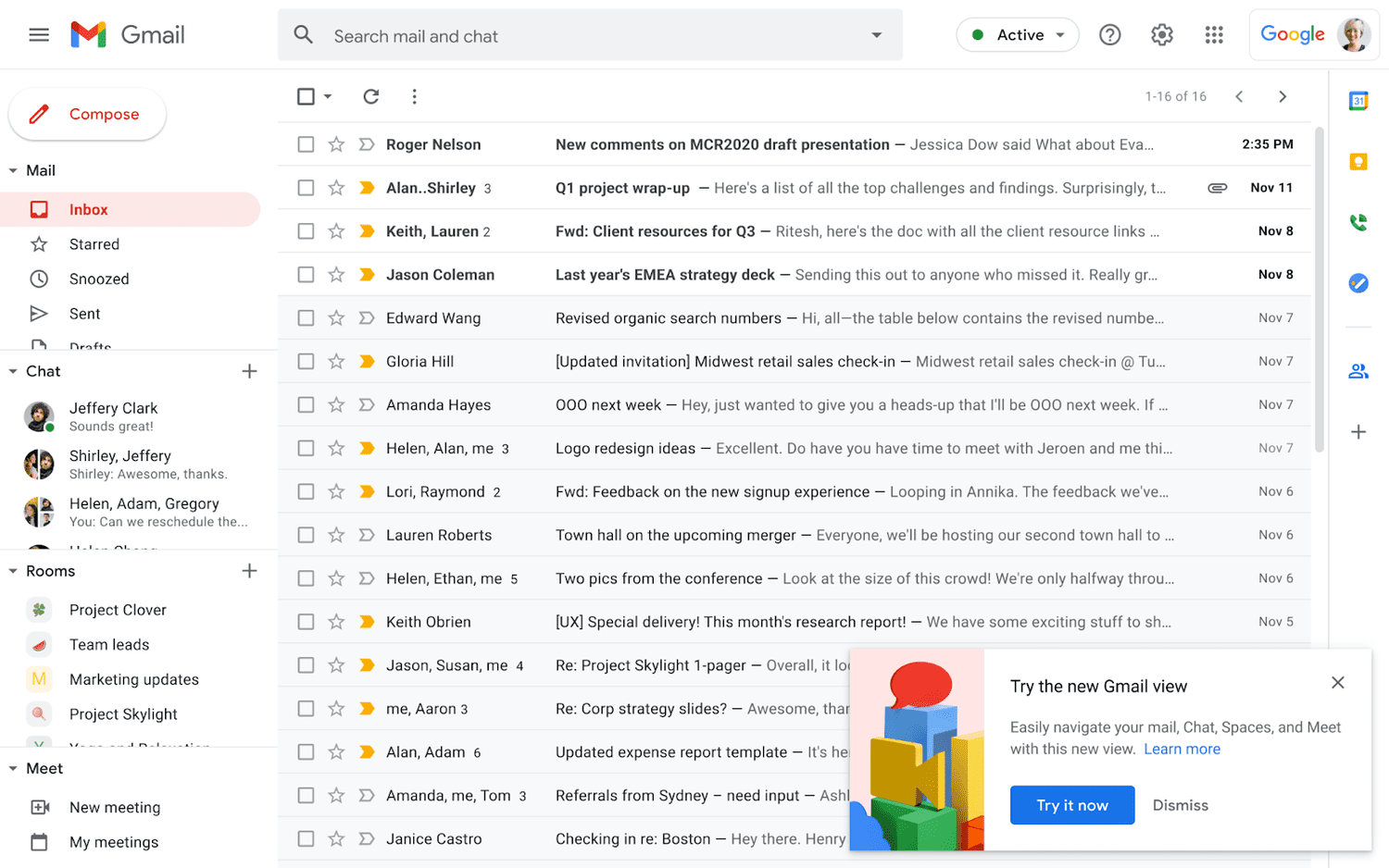 Další pohled na nové rozložení Gmailu