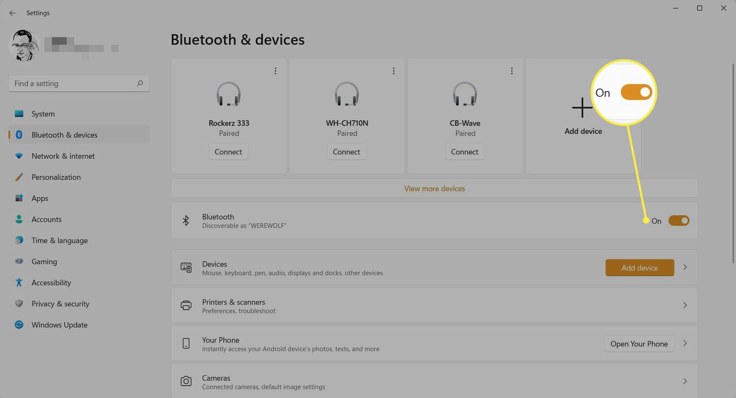 Zapnout přepínač v nastavení Bluetooth a zařízení ve Windows 11