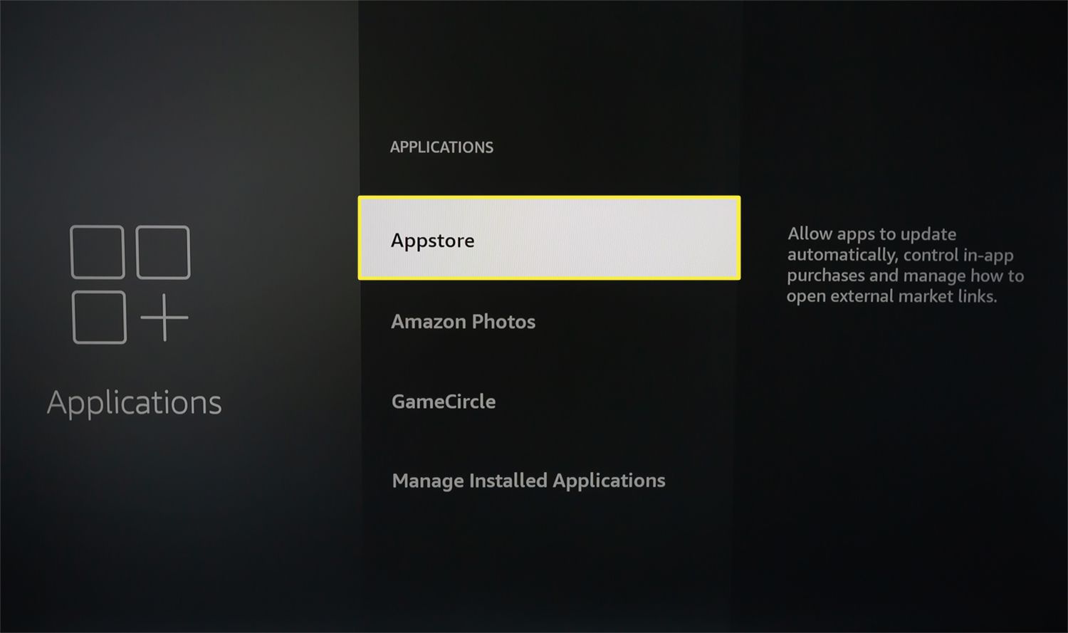Appstore zvýrazněný v nabídce Aplikace na Fire TV.