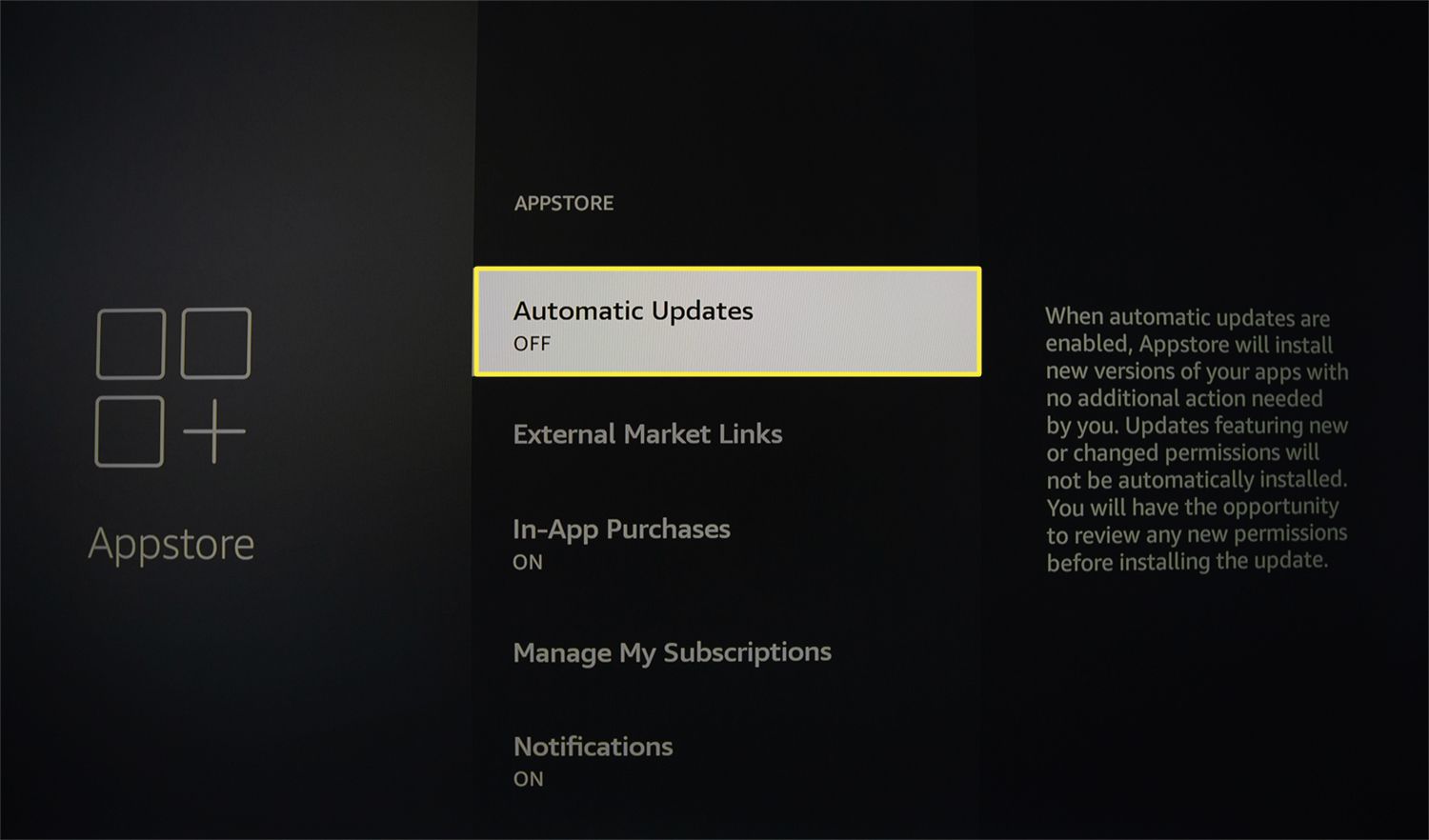 Automatické aktualizace byly v nabídce Fire TV Appstore vypnuty.