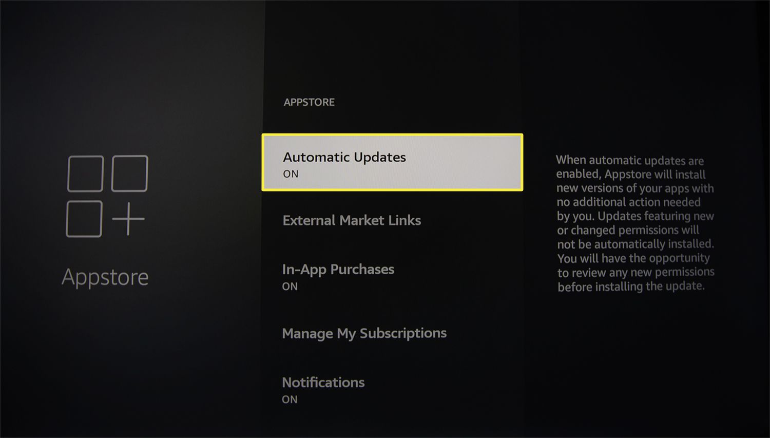Automatické aktualizace nastaveny na ZAPNUTO v nabídce Fire TV Appstore.