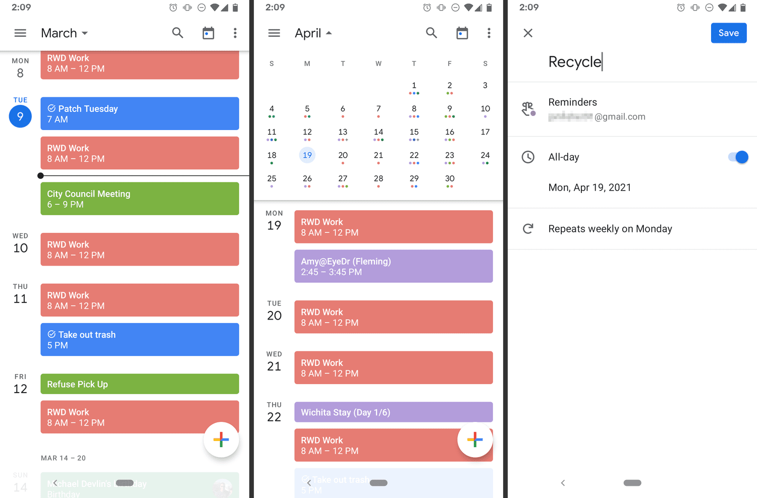 březen a duben a výzva k připomenutí v aplikaci Kalendář Google pro Android