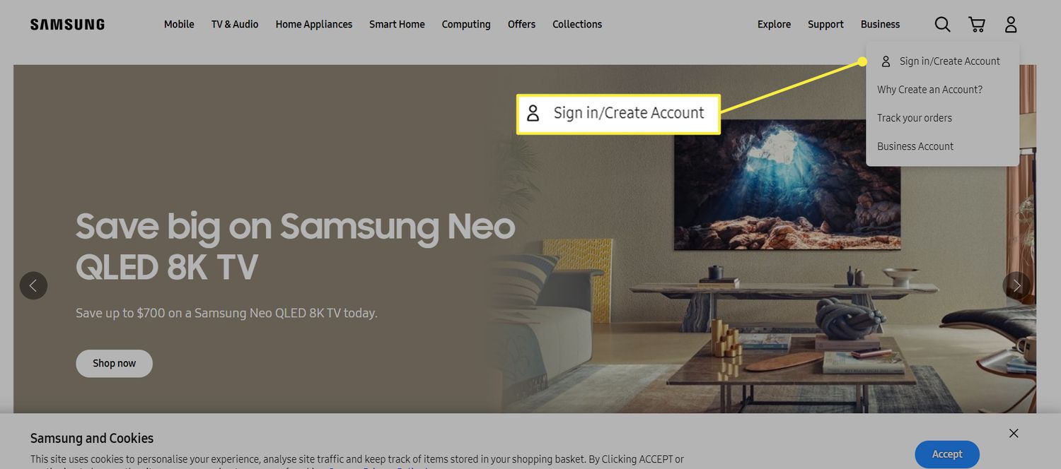Web Samsung se zvýrazněnou možností „Přihlásit se/Vytvořit účet“.