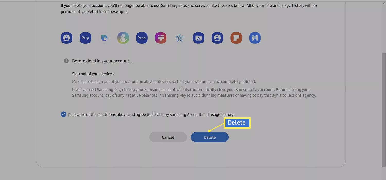 Stránka účtu Samsung se zvýrazněným tlačítkem 'Smazat'.