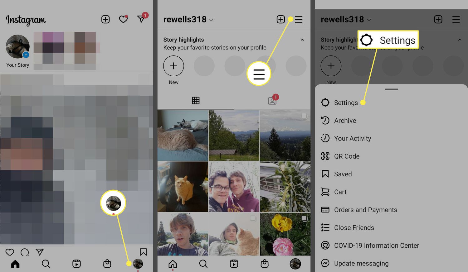 Ikona profilu, ikona nabídky a nastavení v aplikaci Instagram