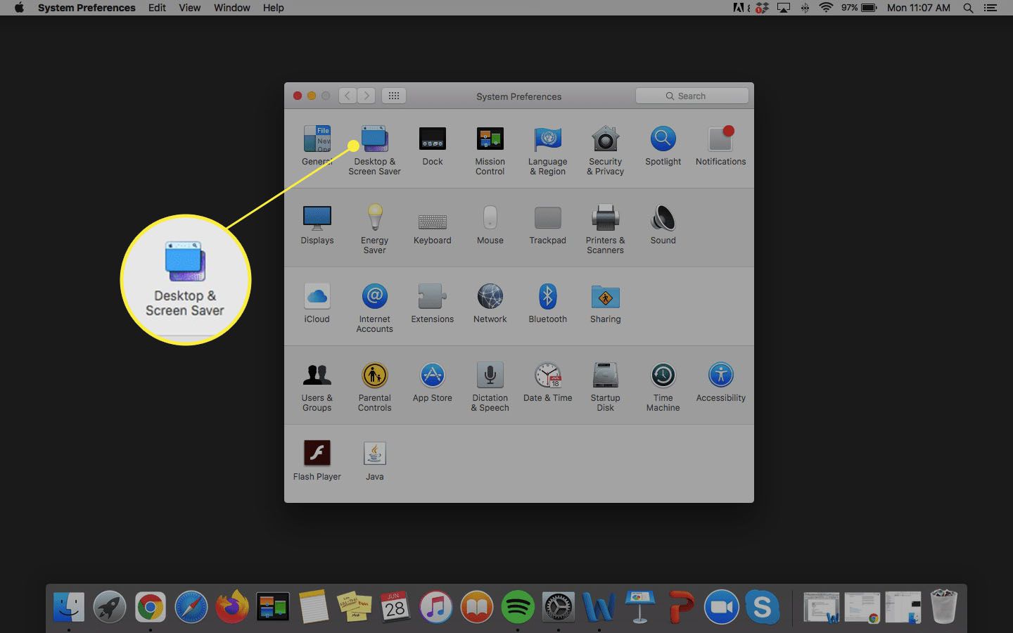 Předvolby systému MacBook se zvýrazněnou plochou a spořičem obrazovky
