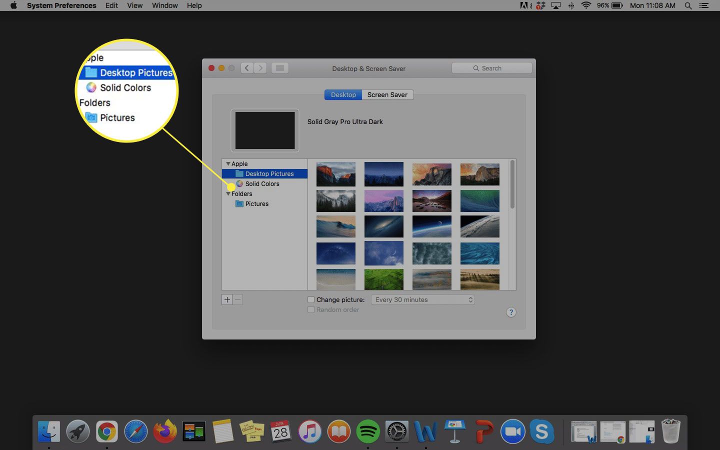 Nastavení plochy a spořiče obrazovky MacBook se zvýrazněnými obrázky na ploše, plnými barvami a složkami