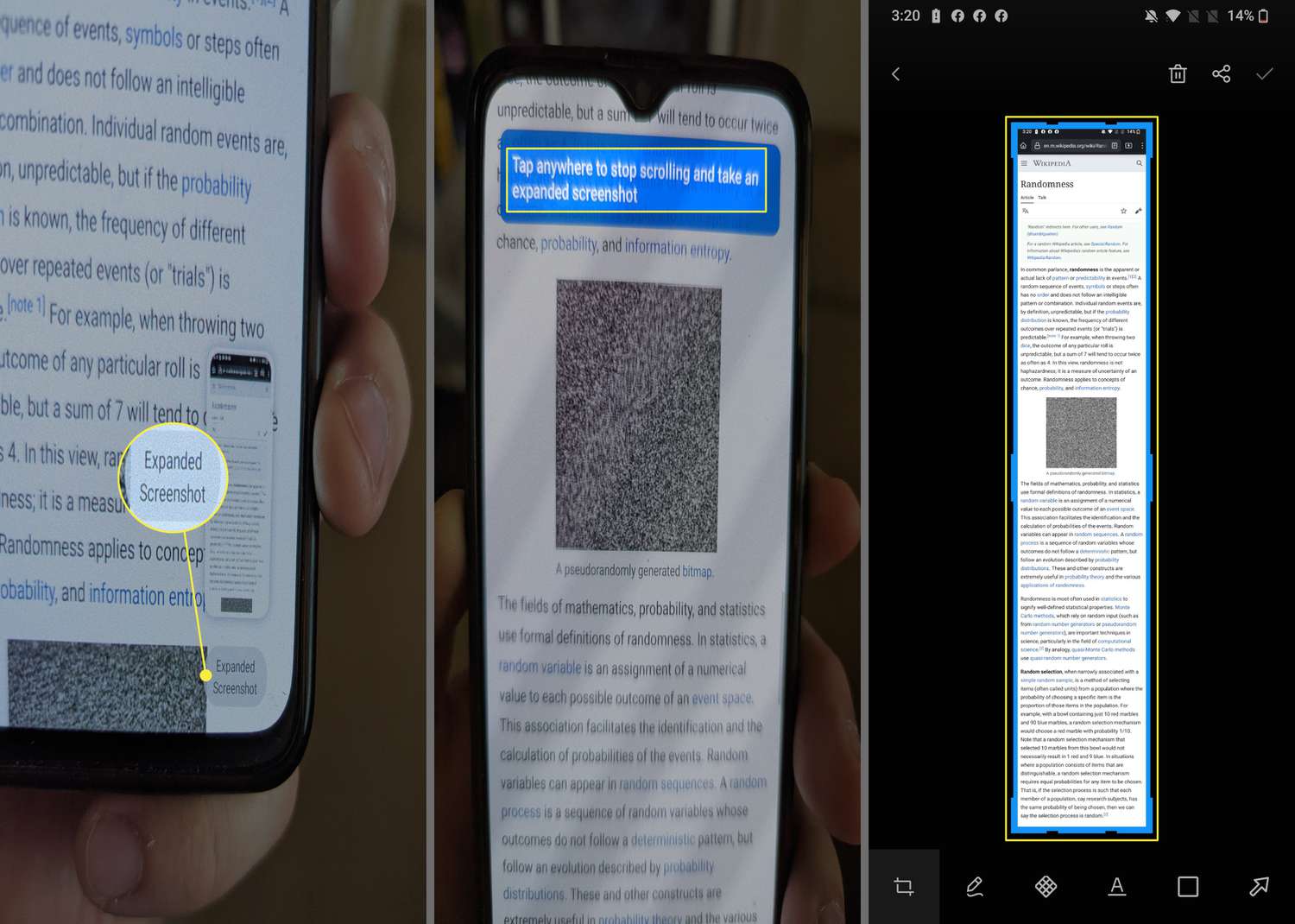 Rozšířený snímek obrazovky, obrazovka klepnutí a jak vypadá rozbalený snímek obrazovky po dokončení na OnePlus