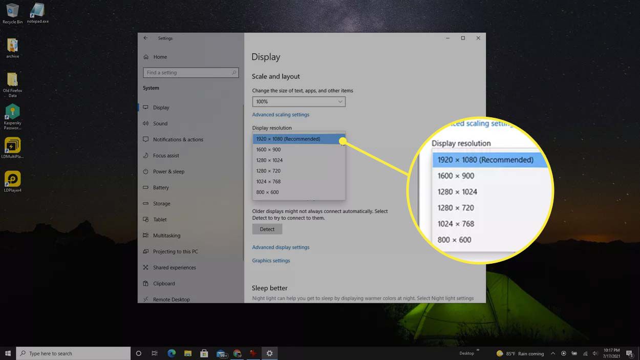 Úprava rozlišení displeje v systému Windows 10.