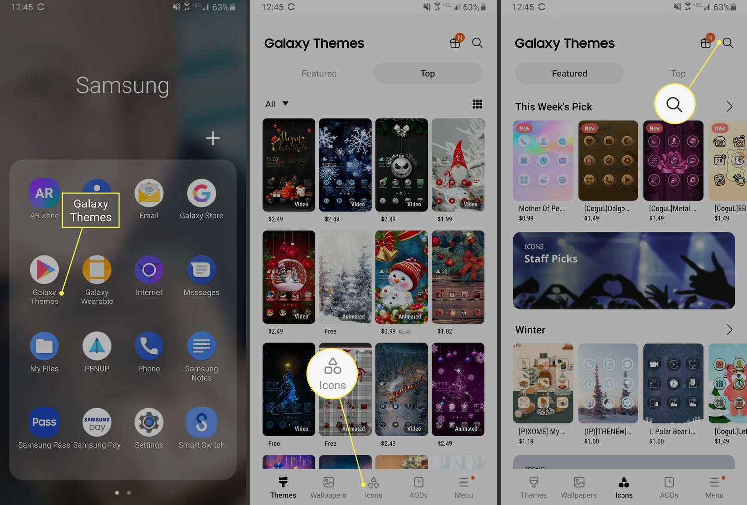 Témata, ikony a vyhledávání Galaxy v telefonu Samsung