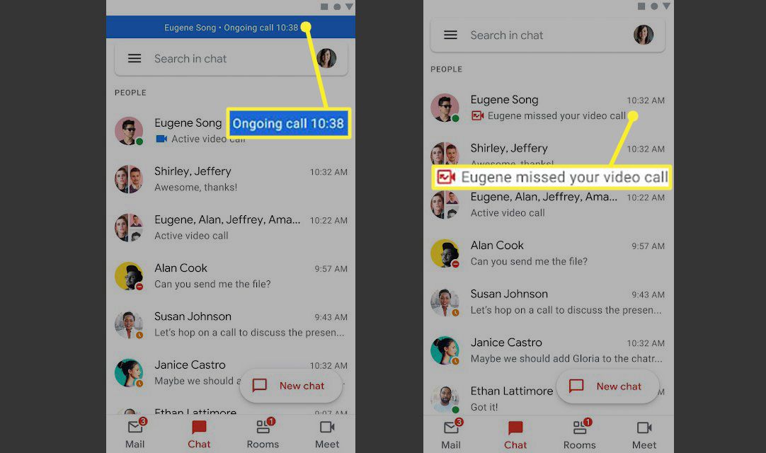 Banner probíhajícího hovoru a upozornění na zmeškaný hovor v aplikaci Gmail pro Android