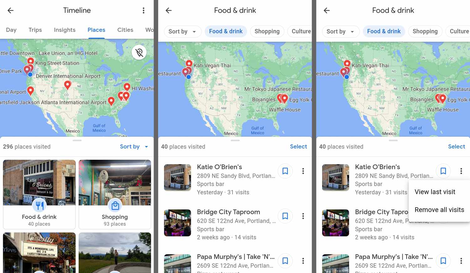 Kategorie, Nabídka tří teček a Odstranit všechny návštěvy v aplikaci Mapy Google