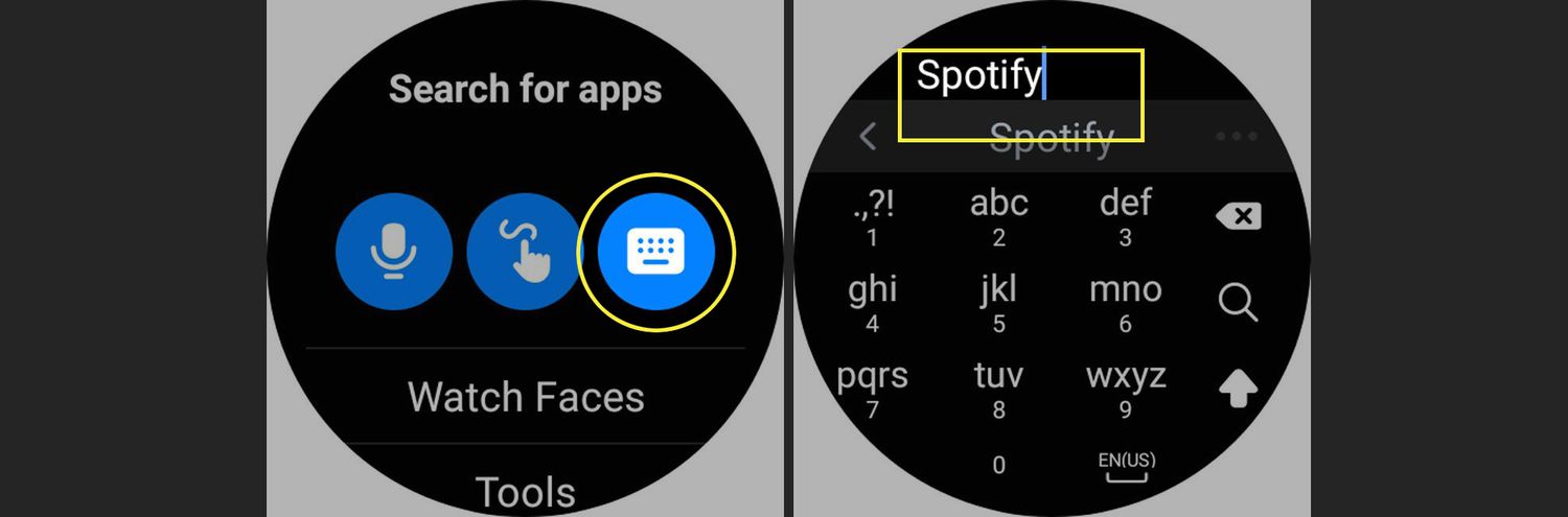 Ikona klávesnice zvýrazněná v Google Play na hodinkách Galaxy a zvýrazněná Spotify ve Vyhledávání