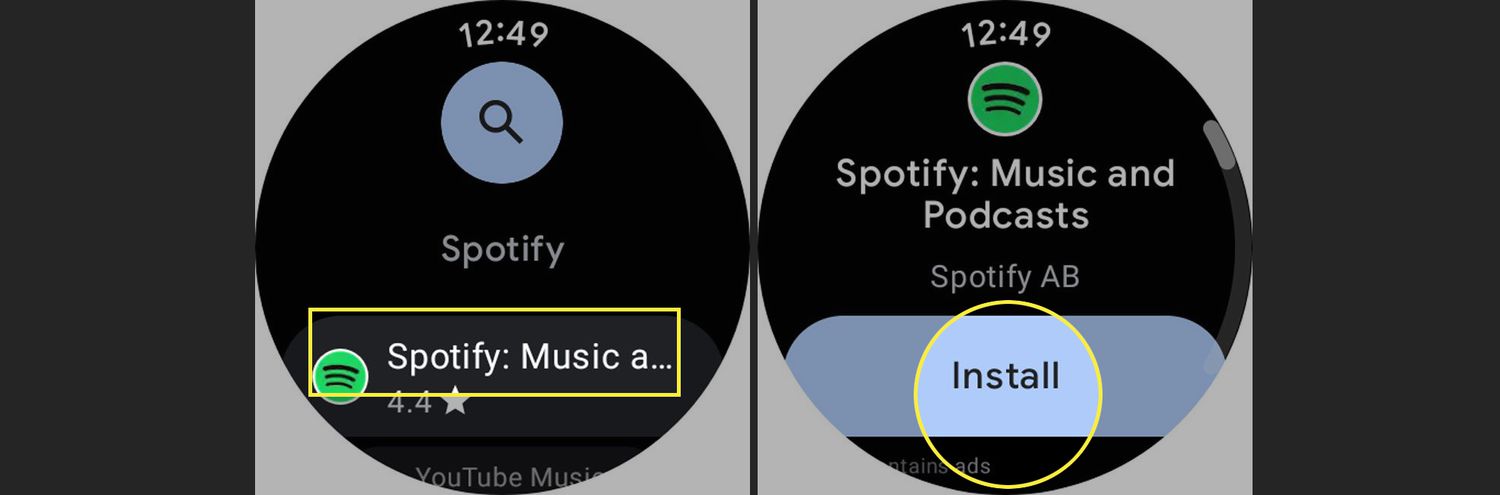 Spotify a Install zvýrazněné v Google Play na hodinkách Galaxy.