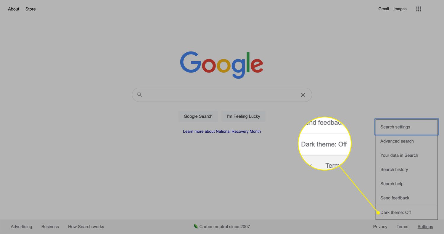 Nastavení „Tmavý motiv: Vypnuto“ na domovské stránce Google