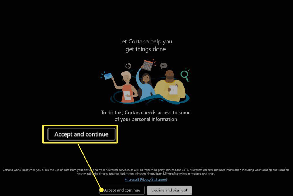 Aplikace Cortana ve Windows 11 se zobrazenou obrazovkou s upozorněním na ochranu osobních údajů a zvýrazněnou možností „Přijmout a pokračovat“.