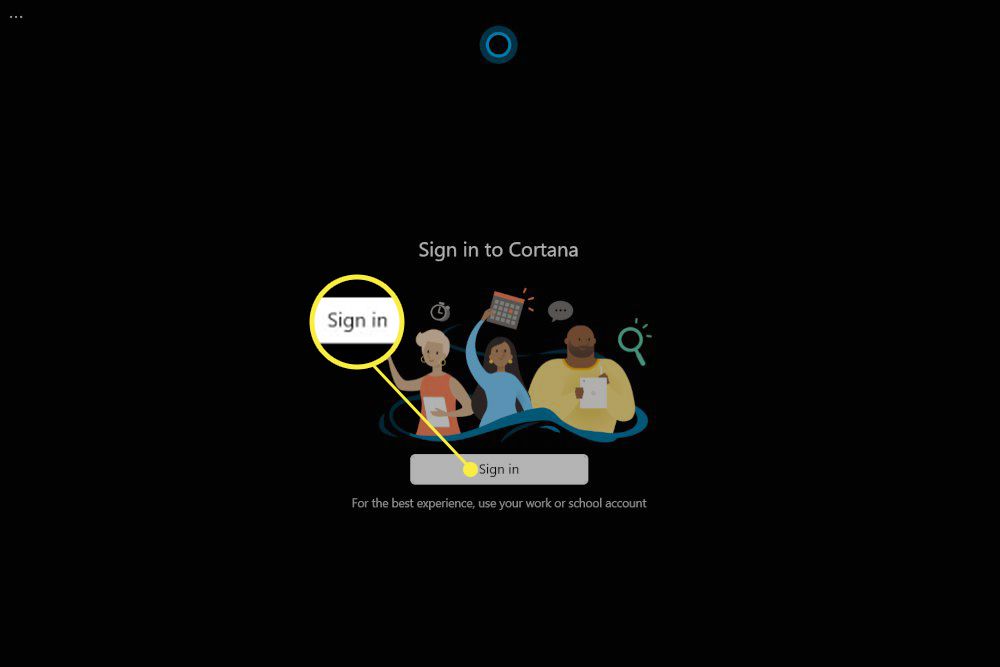 Aplikace Cortana ve Windows 11 se zvýrazněnou obrazovkou Přihlášení.